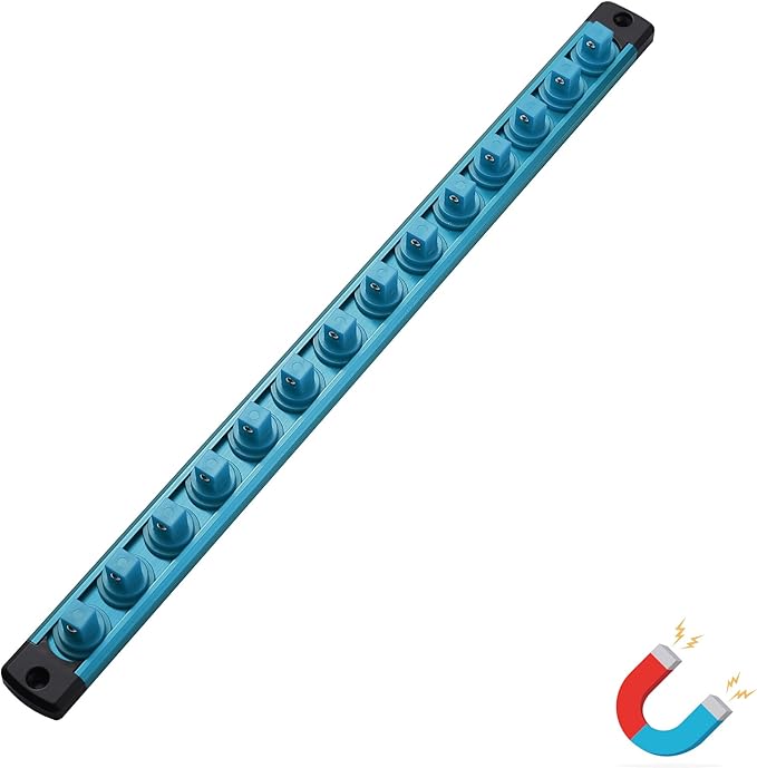ALOANES Magnetic Socket Organizer, 3/8-Inch Drive Aluminum Socket Holder Socket Tray, Heavy Duty Socket Rail Organizer for Tool Box Drawer, 360°Swivel Clips Socket Rack 3/8-Inch x 14 Clips (Aqua Blue)