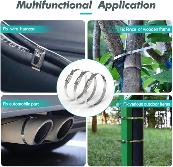 Metal Zip Ties 28 inch 304 Stainless Steel Locking Cable 250LB 700mm 100pcs Heavy Duty Exhaust Wrap Multi Purpose Binding for machinery, vehicles, farms, cables, pipes,Fence