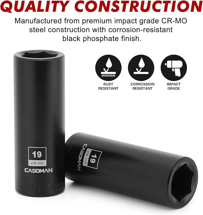 CASOMAN 2PCS 1/2-Inch Drive Deep Impact Socket-19mm, 6-Point, Metric, CR-MO