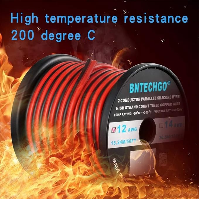 BNTECHGO 12 Gauge Flexible 2 Conductor Parallel Silicone Wire Spool Red Black High Resistant 200 deg C 600V for Single Color LED Strip Extension Cable Cord,Model,50ft Stranded Tinned Copper Wire