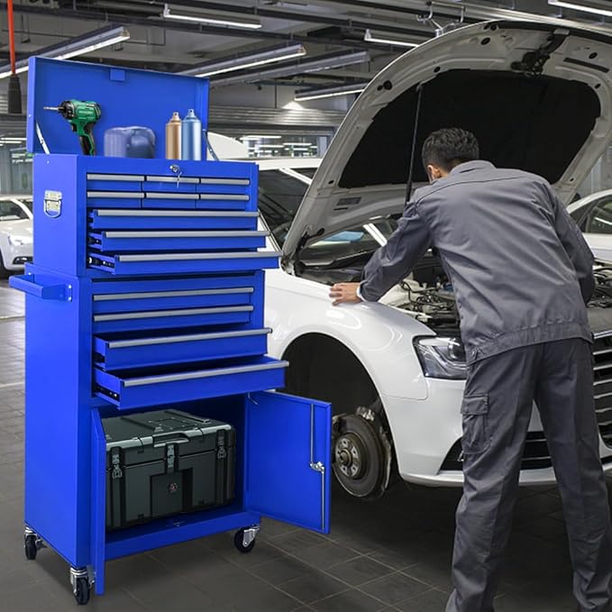 13 Drawers Rolling Tool Chest with Double Door Handle,Large Capacity Tool Storage Cabinet With Drawers, Locking Mechanical Tool Cart With Liner,Portable Tool Box For Repair Workhop (Blue)