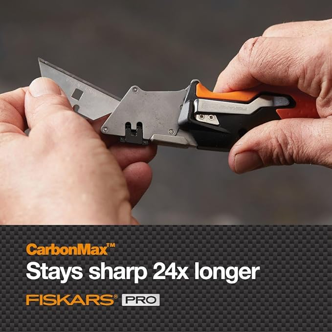 Fiskars Pro Retractable Folding Utility Knife, Box Cutter with Long-Lasting CarbonMax Razor Blade and Dual Lock Safety, Orange/Black