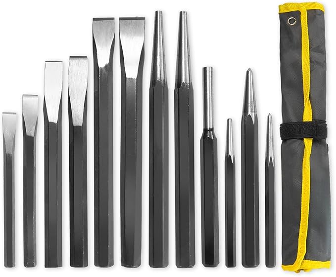XtremepowerUS 12-Pieces Professional Punch and Chisel Set Mechanics Pin Tapered Center Chisel Punch with Carrying Pouch