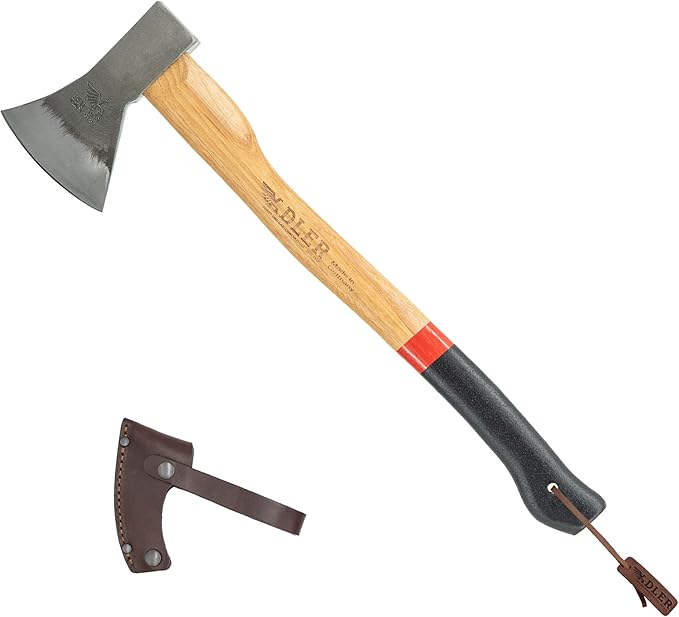 The Canoe Axe - German Made Bushcraft, Kindling, Camping & Hiking Axe, Leather Sheath, German Made, Anti-Slip 19.5" Hickory Wood Handle, 1.35 Pound Head (Red Stripe)