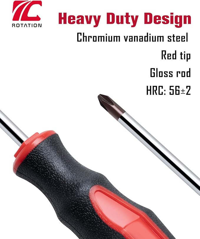 ROTATION 6PCS Magnetic Tip Screwdriver Set, 3 Phillips and 3 Flat, Red Tip | Red, Gloss, S2 Steel)