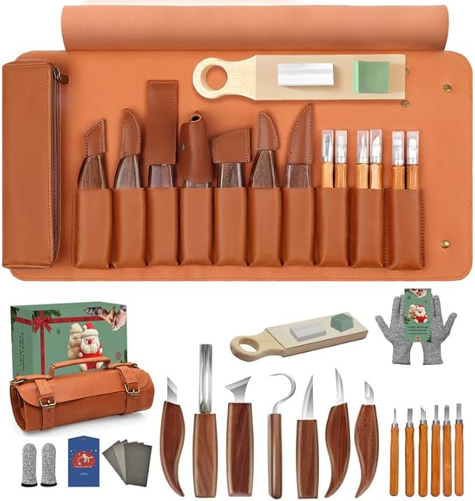 Wood Carving Kit for Adults & Beginners - 29-Piece Professional Set with Leather Tool Roll, 7 Whittling Knives + 6 Detail Gouges, Splinter-Free Wooden Handles for Woodworking & DIY Gifts