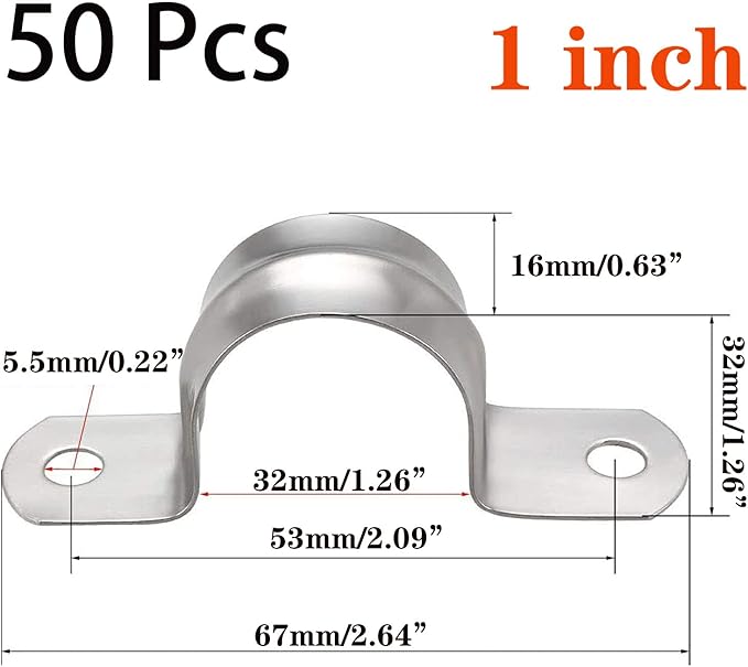 50 Pcs 1inch Rigid Pipe Strap,Two Hole Stainless Steel Strap U Bracket, Widened Tube Strap Tension Clip Assortment Kit Heavy Duty Pipe Clamp for Pipe Fixing（32mm）