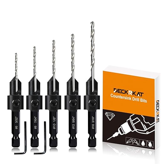 5-pc Woodworking Countersink Counterbore Drill Bit Set 3in1 for #6 8 10 12 16 Screws, M2 Pilot Drill Bits Adjustable Depth, 82-Degree Chamfer with Stop, 1/4” Hex Shank, Includes 2 Allen Wrenches