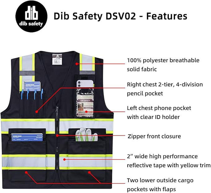 Dib Safety Reflective Vest High Visibility with Pockets and Zipper, Black with Yellow Trim 3XL