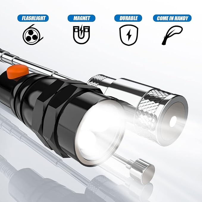 Telescoping Magnetic Pick Up Tool Magnetic Sweepers with 1 lb and 15 lb Pickup Rod, Round and Square 360 Swivel Adjustable Inspection Mirror and Flexible LED Flashlight, Birthday Gifts for Men, Dad