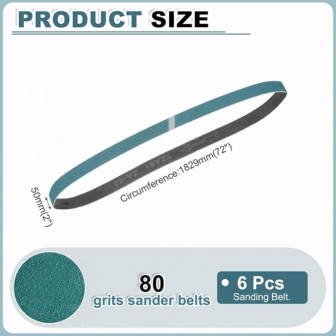 HARFINGTON 2 x 72 Inch Sanding Belts, 6 Pcs 80 Grit Zirconia Abrasive Belt Sander File Belt for Woodworking, Metal Polishing, Knife Sharpener