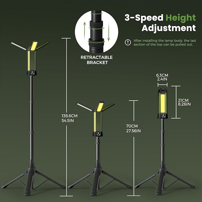 Rechargeable Camping Light with Stand - 54" Tall Cordless Work Light Portable USB Tripod Lights 2000 Lumen 3 Page Head with Carrying Bag for Outdoor Hiking Workshop Job Site(Green-B)