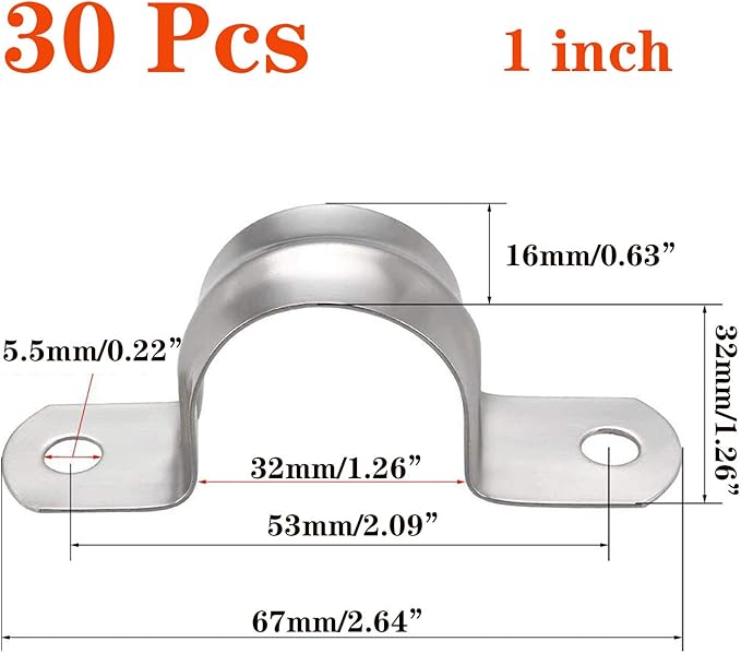 30 Pcs 1inch Rigid Pipe Strap,Two Hole Stainless Steel Strap U Bracket, Widened Tube Strap Tension Clip Assortment Kit Heavy Duty Pipe Clamp（32mm）