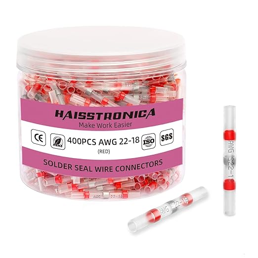 haisstronica 400PCS Solder Seal Wire Connectors,Heat Shrink Butt Connectors, Insulate Waterproof Wire Connectors for Watercraft,Electrical,Electronics 22-18 Red