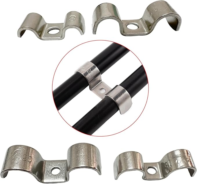 6pcs 20mm(7/9 inch) Double Line Clamp Heavy Duty 1 Hole Conduit Strap 304 Stainless Steel M-Type Pipe Strap For Wire Pipe Cord Installation