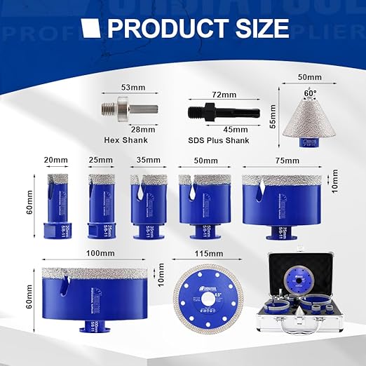 SHDIATOOL Diamond Tile Drill Bits Kit 10pcs, Porcelain Hole Saw Sets, Core Bits Cutter for Drilling Ceramic Marble Granite (20/25/35/50/75/100/2"/SDS/HEX/4.5”)