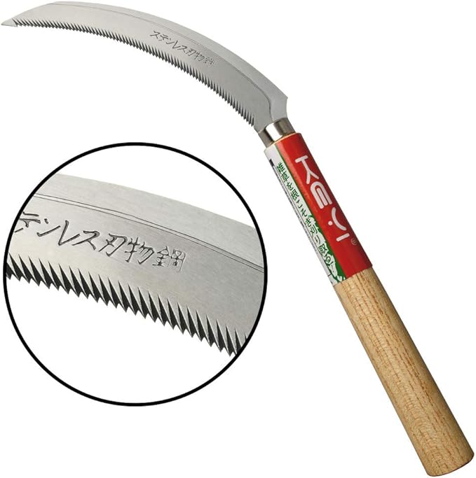 KEYI EYI Grass Sickle,Saw Tooth Sickle, Hand held Sickle Tool,Harvest Sickle with Wooden Handle, Light Serration, 6.6-Inch Stainless Steel Blade