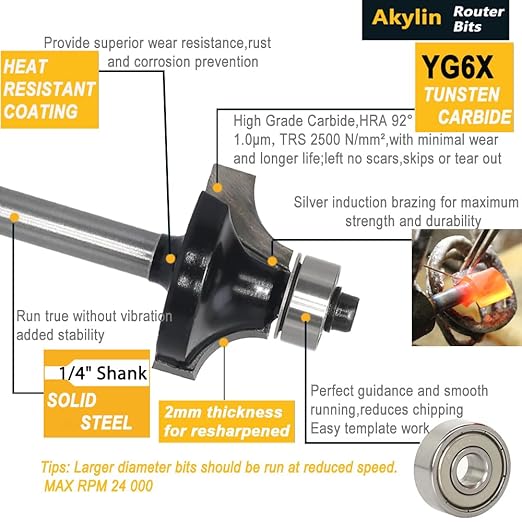 4Pcs Roundover and Beads Router Bits,Radius -1/8" ,1/4",5/16",3/8" Edge Forming Router Bit Set,1/4 Inch Shank,Corner Rounding Router Bits,Matched with 4pcs Alternative Beading Bearings