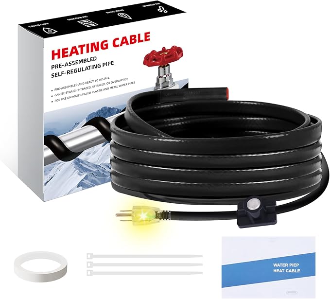 12FT Heat Cable for Water Pipes, Prevent Freezing & Easy Installation, Water Pipe Heat Cable With Thermostat Self-Regulating, Pipe Heating Trace System 120 V