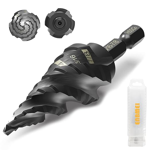 M35 Cobalt Step Drill Bit Four Spiral Flute, 3/16"-7/8" (12 Step Sizes) - Ideal for Metal, Stainless Steel, Wood, Plastic - 1/4" Hex Shank