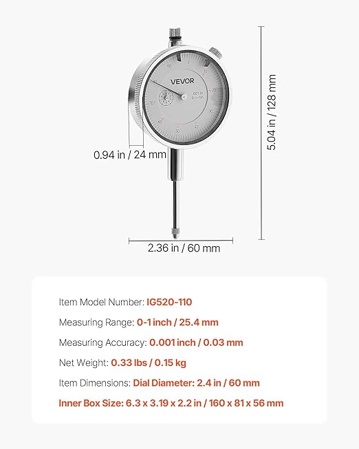 VEVOR Dial Test Indicator, 0.001 inch Accuracy, 0-1 inch Measuring Range, Easy to Read Large Dial, Professional for Internal Diameter Measurement, Runout Detection, Flatness Inspection