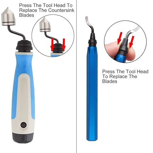 Acrux7 Hand Deburring Tool Kit, 10pcs Rotary Deburr Blades + 1pcs Countersink Blade with Aluminum and Silicone Handle, Great Burr Remover Hand Tool for Wood, Plastic, Aluminum, Copper and Steel