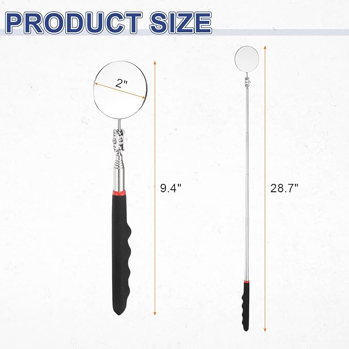HARFINGTON Telescoping Inspection Mirror 2" Round 9.4" to 28.7" 360 Degree Stainless Steel Inspection Swivel Head Extendable Mirrors with Pocket Clip for Technicians Mechanics, Black