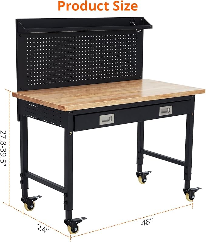 48x24 Inch Heavy-Duty Adjustable Workbench with Rubber Wood Top – 2000LB Capacity Mobile Garage Workstation with Drawer&Backplate, Ideal for Workshop, DIY & Tool Storage
