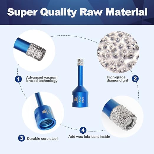 5/16 Inch Diamond Core Drill Bit for Porcelain Tile Ceramic Marble Granite Drilling,BRSCHNITT 5pcs Vacuum Brazed Diamond Hole Saw with 5/8-11 Thread (8mm 5pcs)