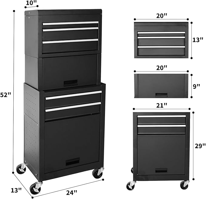 Rolling Tool Chest, 3-in-1 Detachable Metal Tool Box with Wheels & Drawers, High Capacity Toolbox Organization Sliding Drawers Garage Storage Box Cabinet Tools Cart for Warehouse Workshop