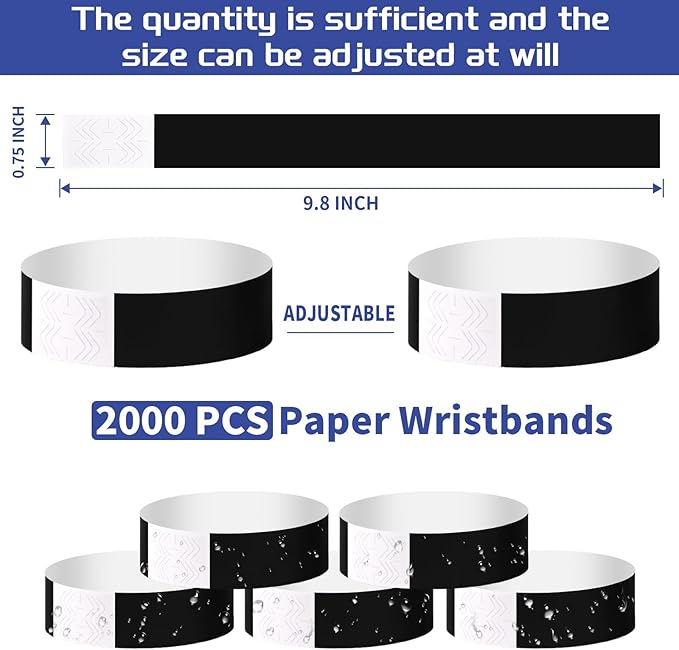 2000 Pcs Paper Wristbands for Events Waterproof Neon Black Wrist Bands Adhesive Concert Identification Wristbands Hand Bands for Events(Black)
