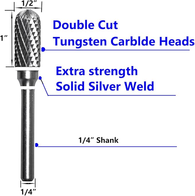 Carbide Burr Set 1/4" Shank SC-5 Die Grinder Bits Tungsten Double Cut Burr Bits (1/2" Cutter Dia X 1" Cutter Length) for Die Grinder Kits Metal Grinding Drilling Polishing (5pcs)