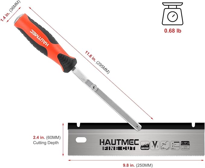 HAUTMEC 10" Reversible Dovetail Saw, Pro Flush Cut Jamb Saw, 12TPI Double Ground Teeth with Cranked Handle, Dual-Side Cutting Handsaw for Door Frames, Trim, and Flooring Installation – HT0234
