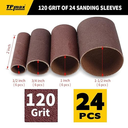 24-Pack Spindle Sanding Sleeves - 120 Grit - 2-Inch Length - Assorted Diameters of 1/2 in, 3/4 in, 1 in, and 1-1/2 inches
