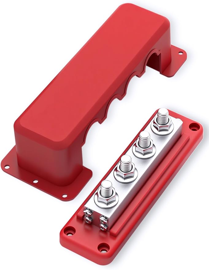 600A Heavy-Duty Bus Bar Nickel Plated Copper Distribution Terminal Block with Cover 4 M10 (3/8 in) Studs & 8 Screws Buss Bar for Solar RV Marine Car Audio 12-48V DC Battery System (Red)