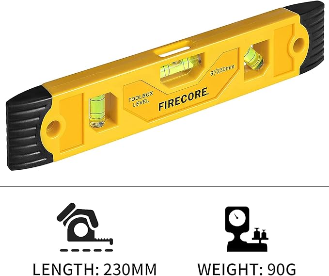 Firecore 2pcs Magnetic Torpedo Level, 9-Inch Shockproof Toolbox Level with 3 Bubble Spirit Level 45 90 180 Degree