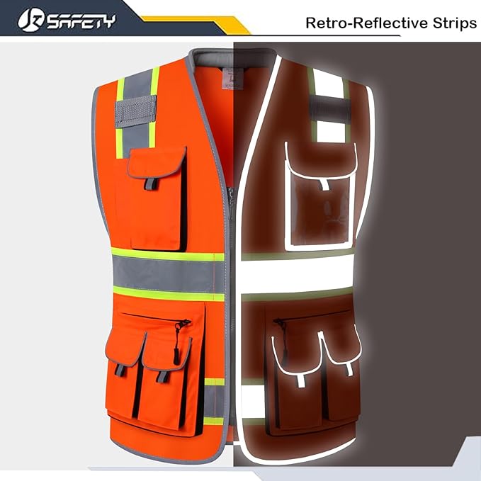 JKSafety 10 Pockets Class 2 Hi-Vis Zipper Front Safety Vest | Cushioned Collar | High Reflective Tapes with Extended Neon Yellow Strips | Meets ANSI/ISEA Standards (3X-Large, 89-Orange)