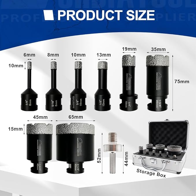 SHDIATOOL Diamond Core Drill Bits Kit for Porcelain Tile Ceramic Marble Brick Hole Saw Set 5/8 inch-11 Thread 9-Piece (6/8/10/13/19/35/45/65mm)