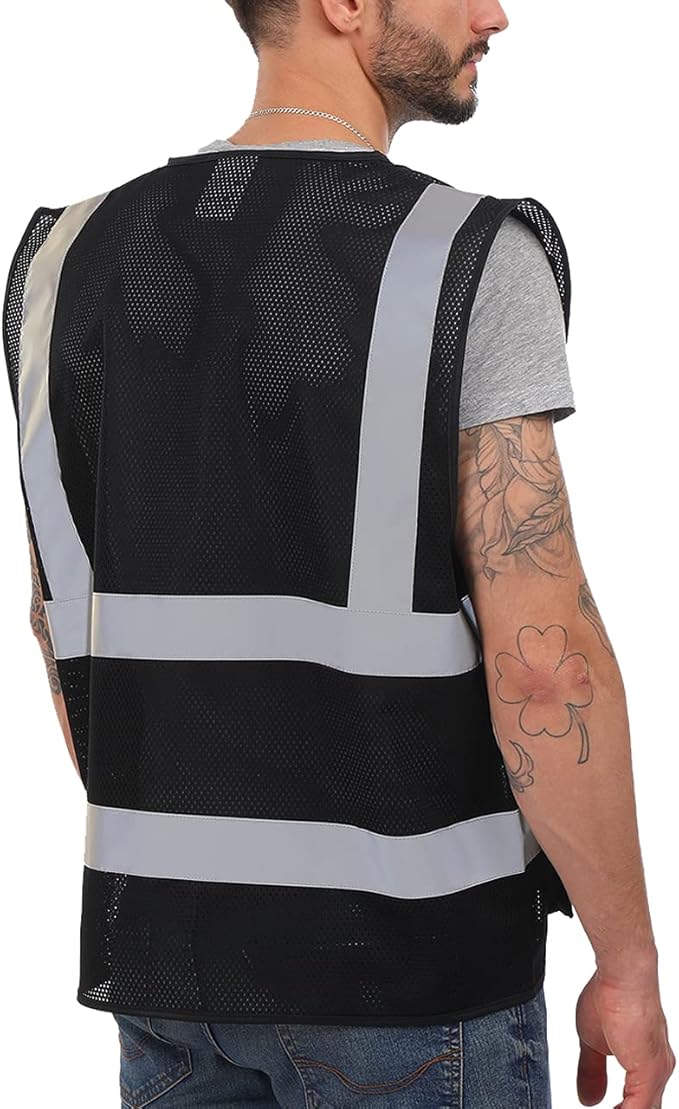 Dib Safety Reflective Mesh Vest High Visibility with Pockets and Zipper, Black Mesh M