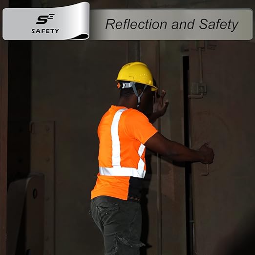 sesafety Hi Visibility Shirts for Men, Safety Shirts with Reflective Strips Class 2, Hi Vis Construction Work Shirt with Pocket Orange 4XL