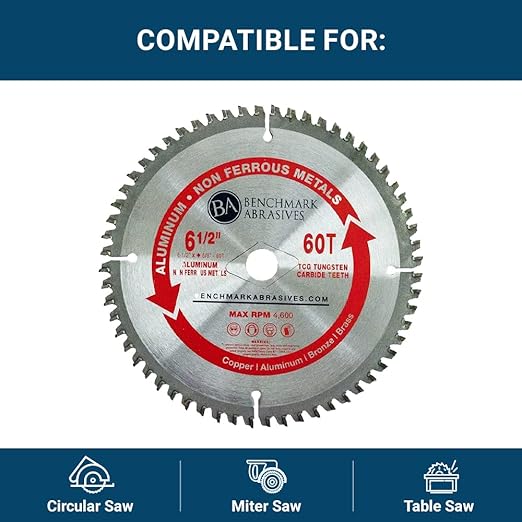 Benchmark Abrasives TCT 6 1/2 Inch Circular Saw Blade, Tungsten Carbide Tipped Non Ferrous Metal Cutting Saw Blade for Plastic, Fiberglass, Aluminum - 60 Teeth