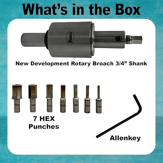 ASSORTS Precision Rotary Broach with MT2 Shank (M10 x 1.5 Drawbar Thread) & 7-Piece HSS Hex Punch Set – Ideal for CNC, Lathe, Milling & Drilling Machine