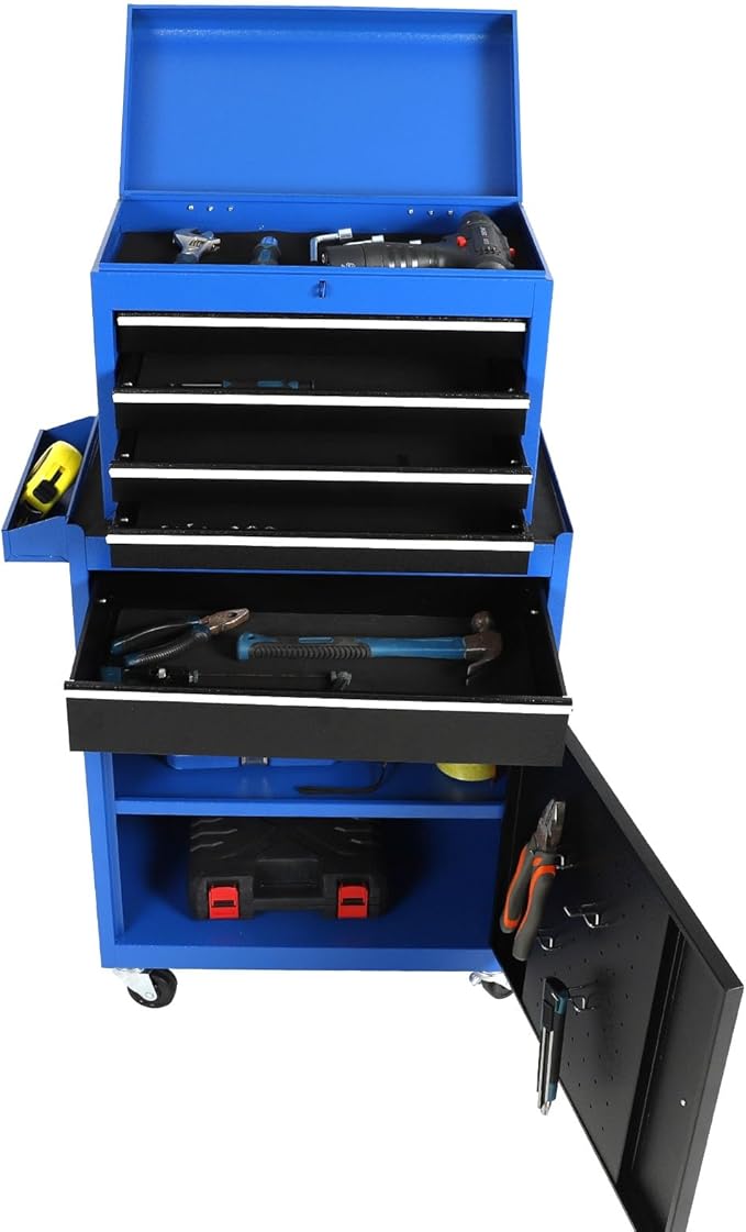 Rolling Tool Cabinet Tool Box, 5-Drawer Storage Chest with Detachable Organizer, Removable Portable Tool Box for Garage Warehouse (Blue)