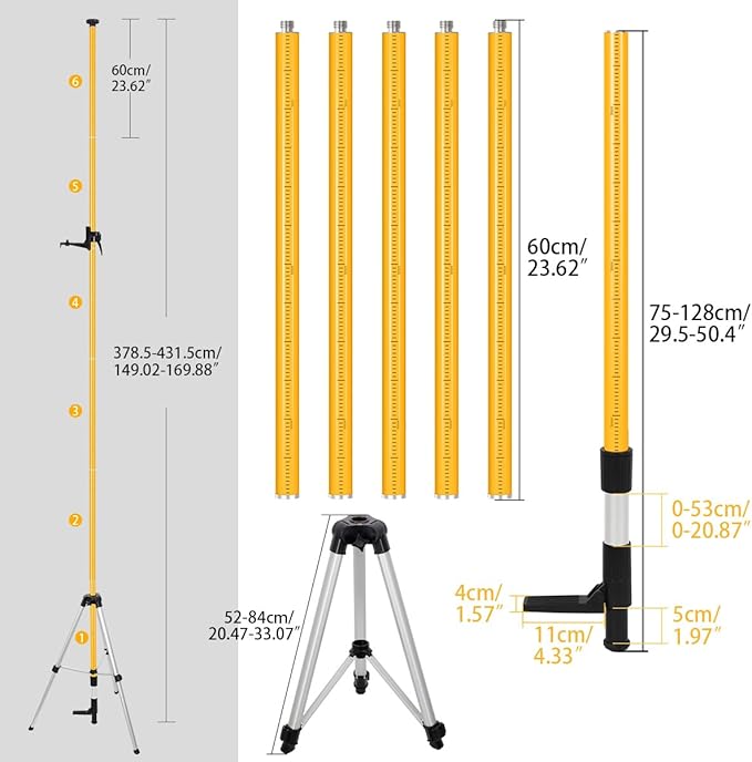 13.8Ft/4.2M Professional Telescoping Laser Level Pole with Tripod & Laser Mount - 1/4"-20 & 5/8"-11 Adapters, Adjustable Laser Pole Mount for Rotary/Line Lasers