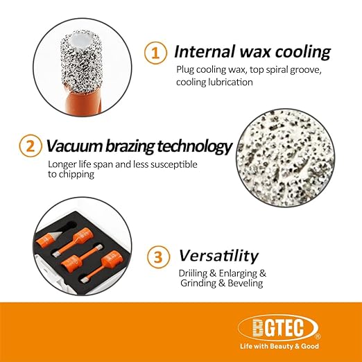 Diamond Core Drill Bit Kit BGTEC Diamond Hole Saw Tile Cutter for Porcelain Tile Ceramic Marble Brick Granite Stone, 5/8"-11 Thread Hole Saw 6/8/10mm+4/5" Chamfer Bits