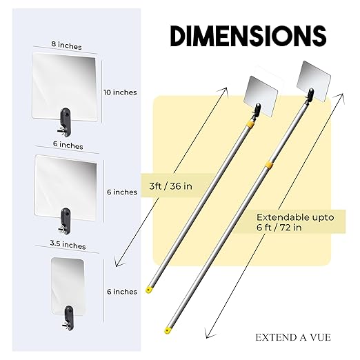 Inspection Mirror Telescoping Pole, Lightweight & Durable, 3 ft - 6 ft Pole, 3 Size Acrylic Mirror
