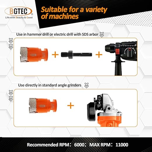 BGTEC Diamond Hole Saw Kit Marsonry Drill Bits,5/8-11 Thread 12pcs 6/6/8/20/25/35/50/75/100mm Drill Bits+20mm Milling Finger Bit+2" chamfering Bit+SDS for Granite Marble Porcelain Tile Ceramic