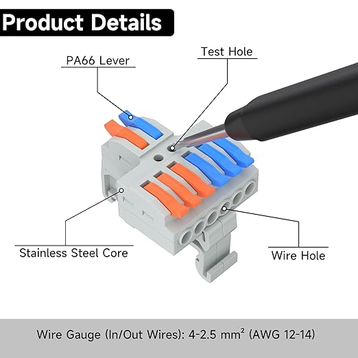 5Pcs Lever Wire Connectors, 2 in 6 Out, Push-in, 4-2.5 mm² Quick Wiring DIN Terminal Blocks, 40Pcs Wire Ferrules Terminals & 6.89 Inch DIN Rail Included