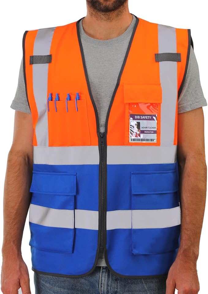 Dib Safety Reflective Vest High Visibility with Pockets and Zipper, Orange and Blue 4XL