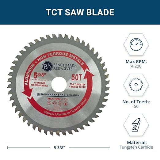 Benchmark Abrasives TCT 5 3/8 Inch Circular Saw Blade, Tungsten Carbide Tipped Non Ferrous Metal Cutting Saw Blades for Cutting, Plastic, Fiberglass, PVC, Aluminum Cutting Blade - ‎(5-3/8" - 50 Teeth)
